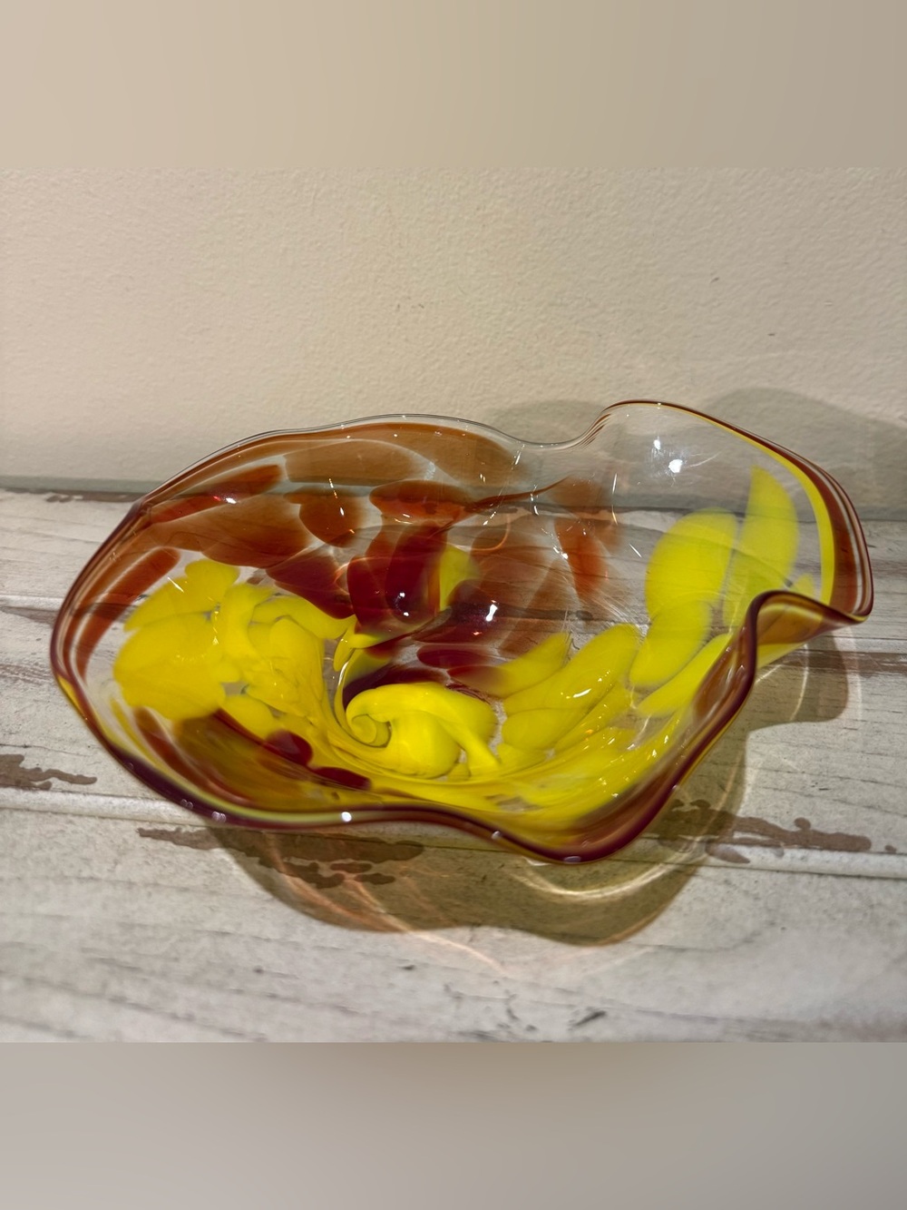 Hand Blown Art Glass Ruffled Bowl Yellow Amber Red Signed 7.25”